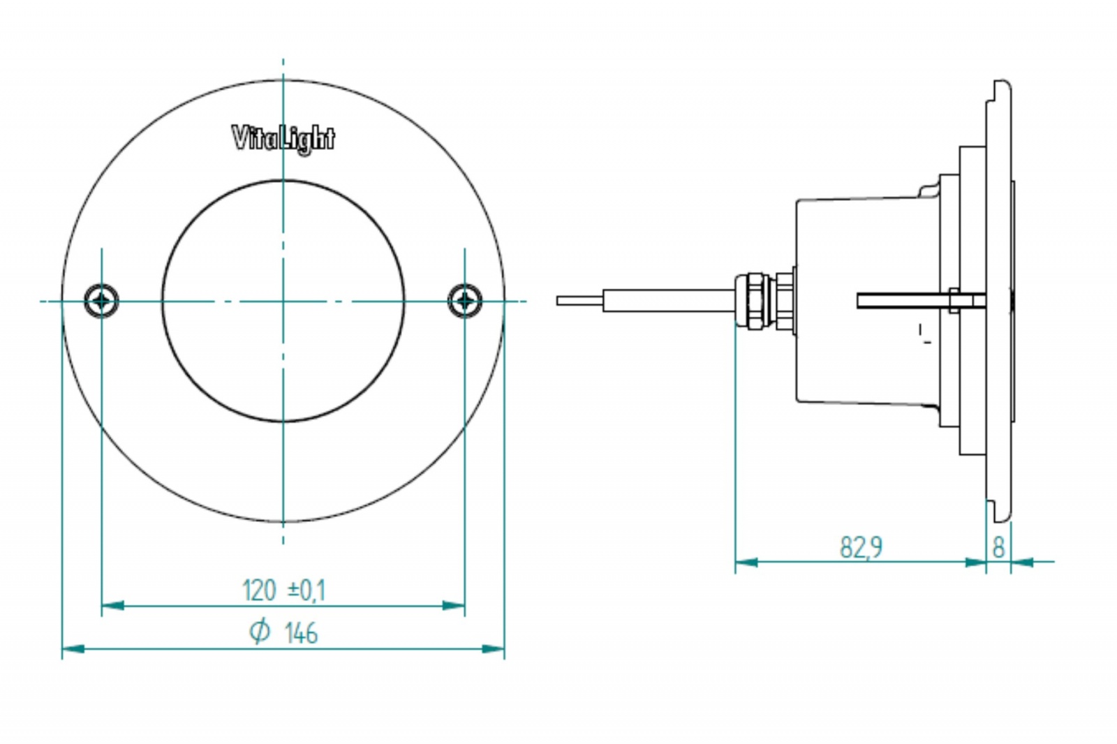 plan Projecteur subaquatique VitaLight® 16.4 POWER-LED 3.0 24V enjoliveur inox 316L corps laiton ou bronze ø 146mm